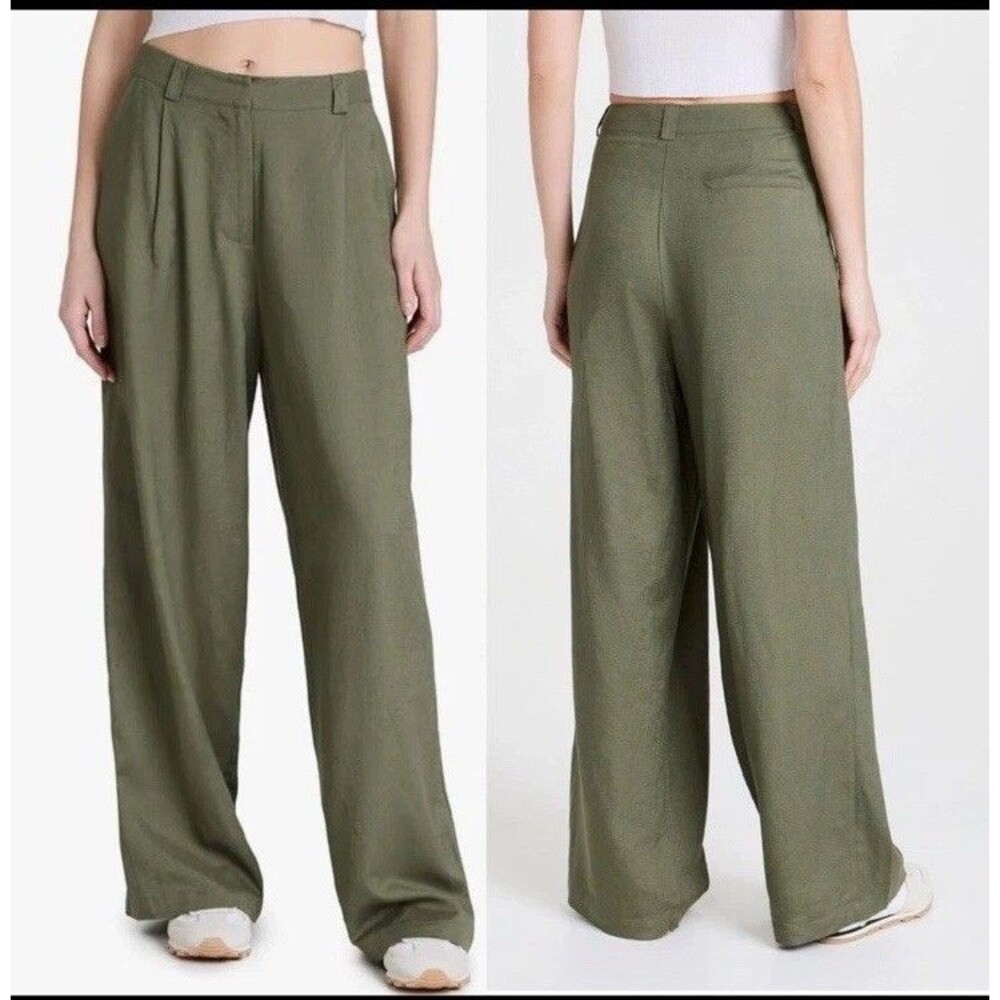 Lioness Linen Blend Pleated Wide leg Pants XXL Olive Quinta High Rise Trousers